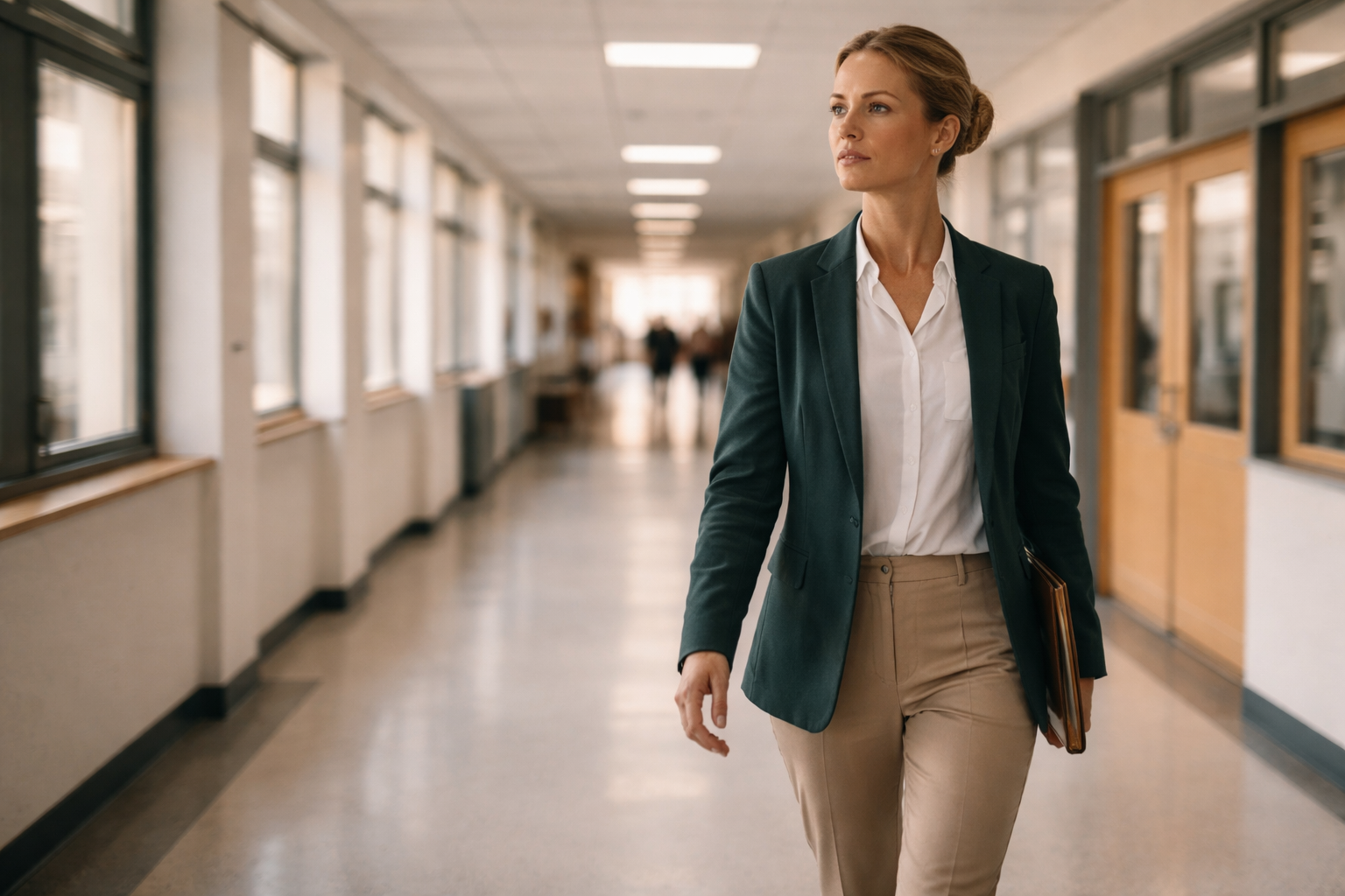 Teacher walking through a school corridor