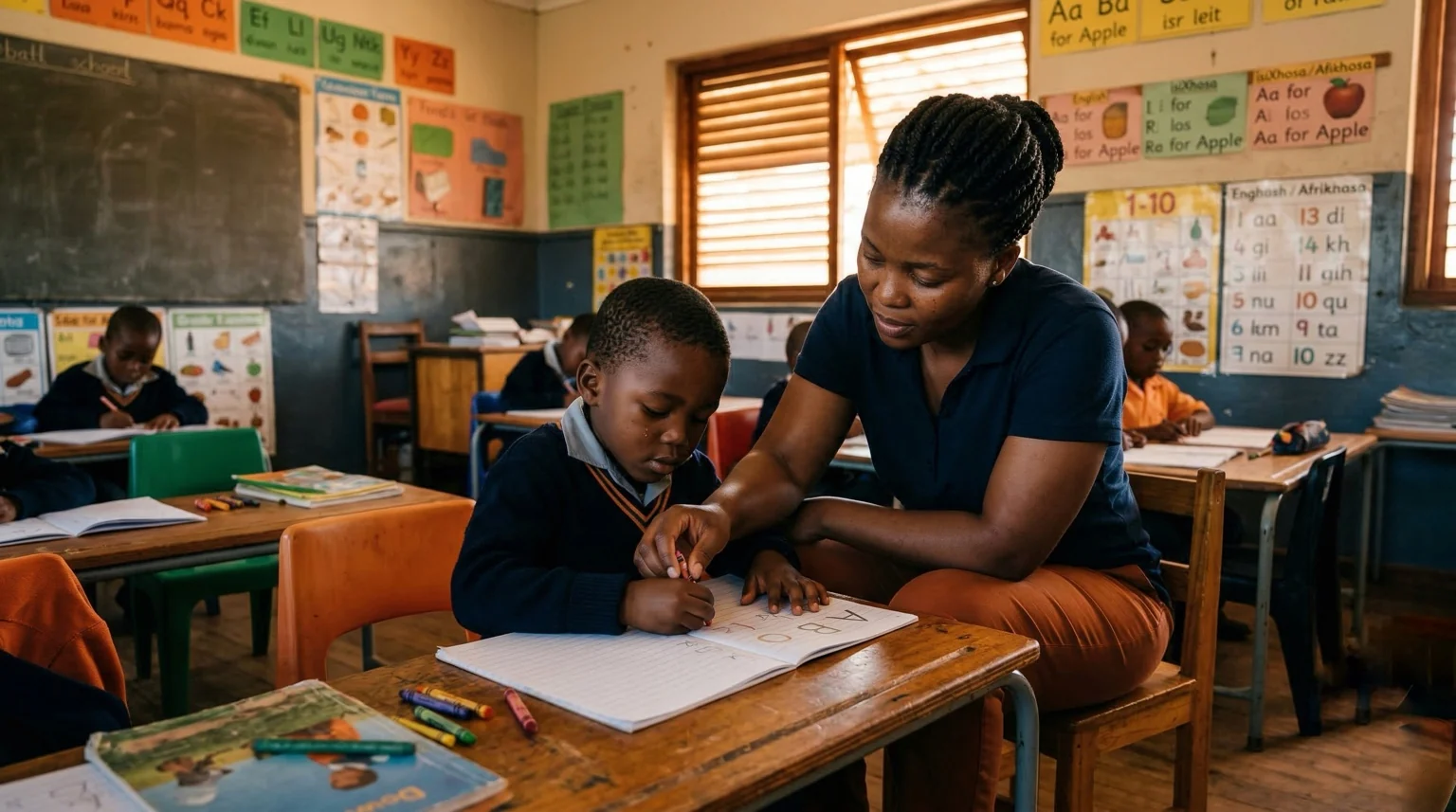 A teacher writing alongside a student, guiding their work in real time