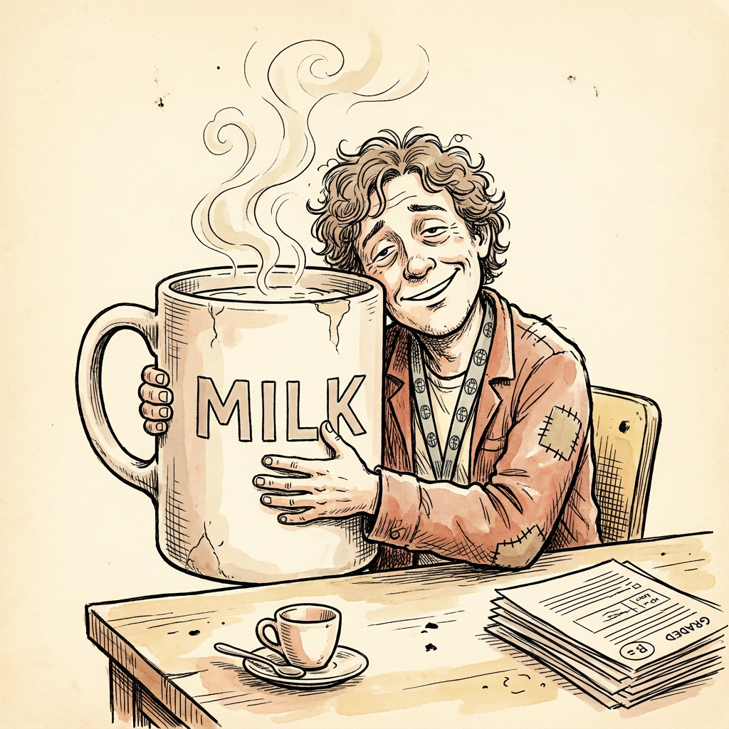 Editorial cartoon: a teacher happily hugging a comically oversized mug labelled MILK, with a tiny untouched espresso cup and a stack of graded papers on the desk beside him.