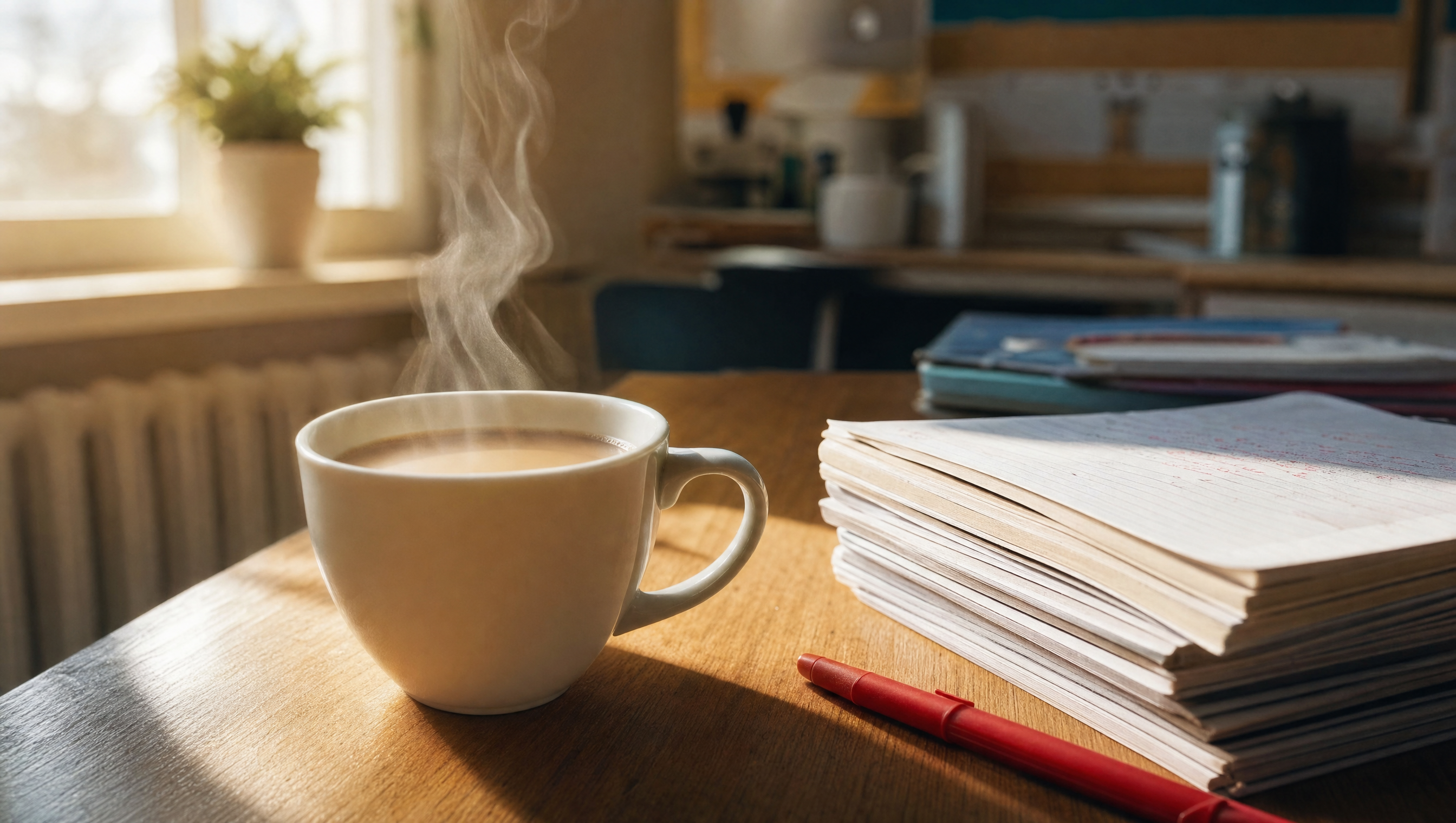 A steaming cup of coffee beside a stack of marked exercise books and a red pen
